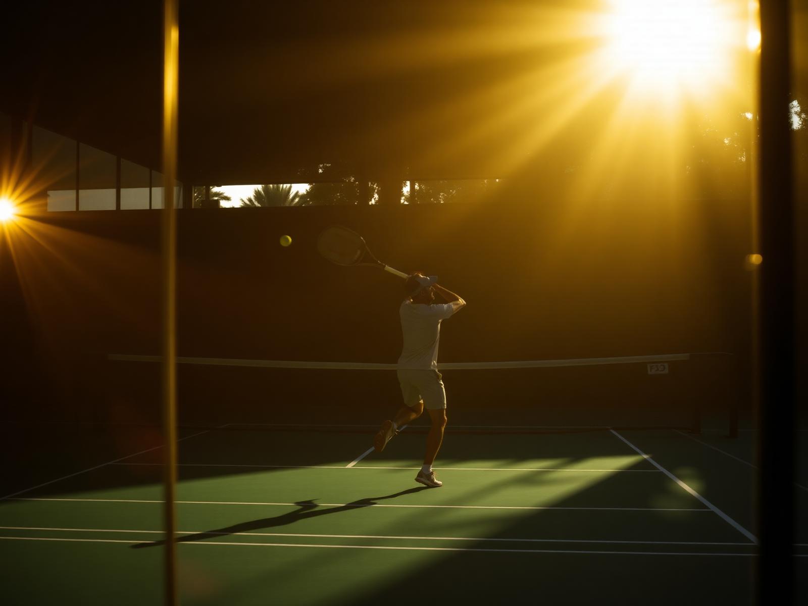 Professional padel player mid-swing on court at golden hour